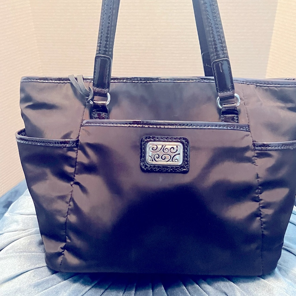 Brighton black nylon and patent trimmed zipper tote.